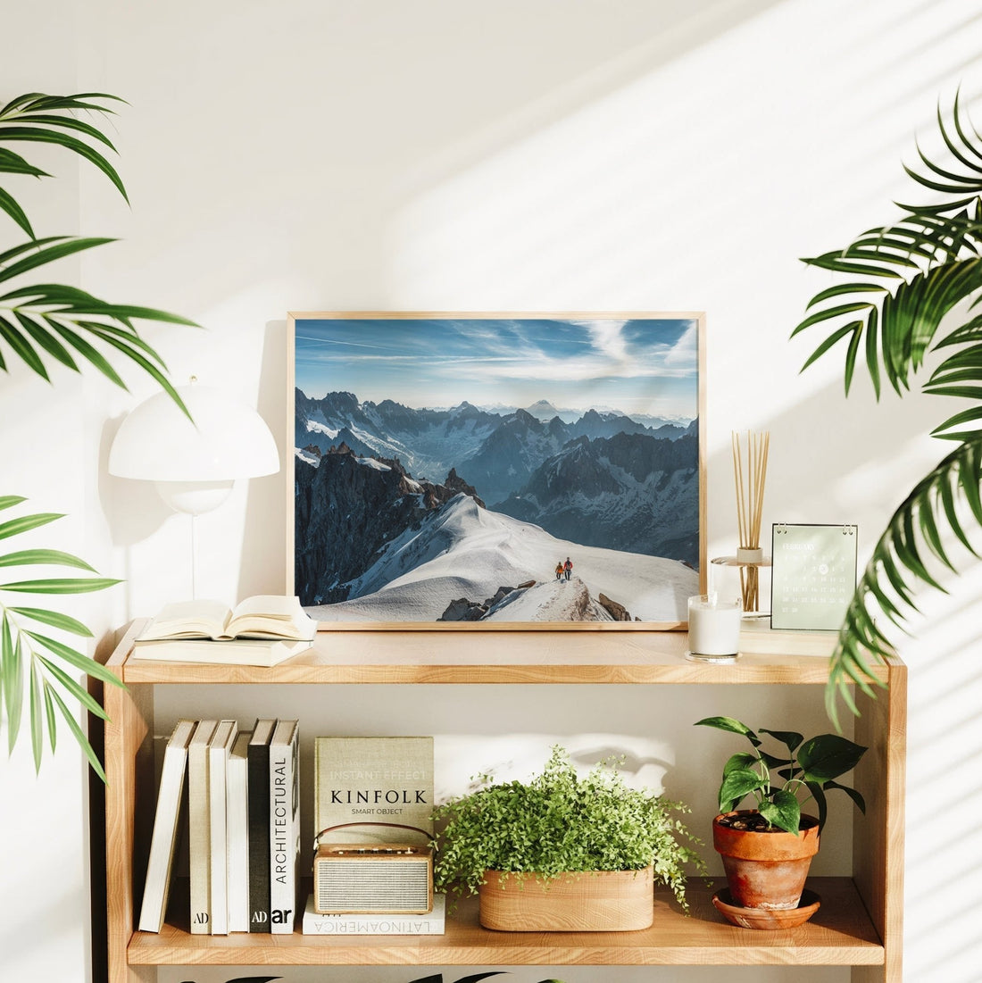 Snowy ridge in the French Alps wall art print featuring climbers and a stunning panoramic mountain backdrop.