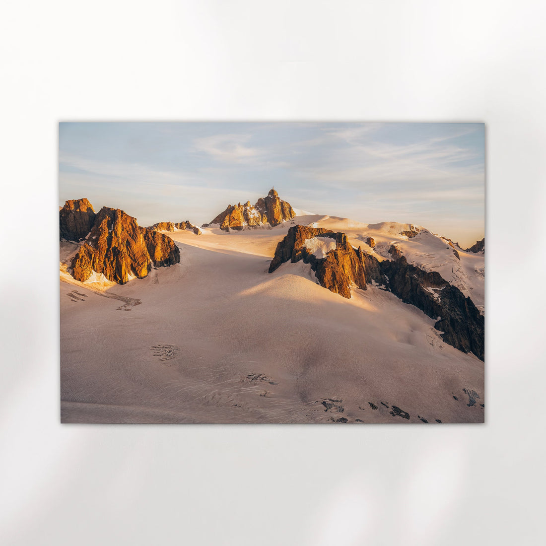 Fine art photo print of the French Alps with dramatic sunset hues over Aiguille du Midi near Chamonix.