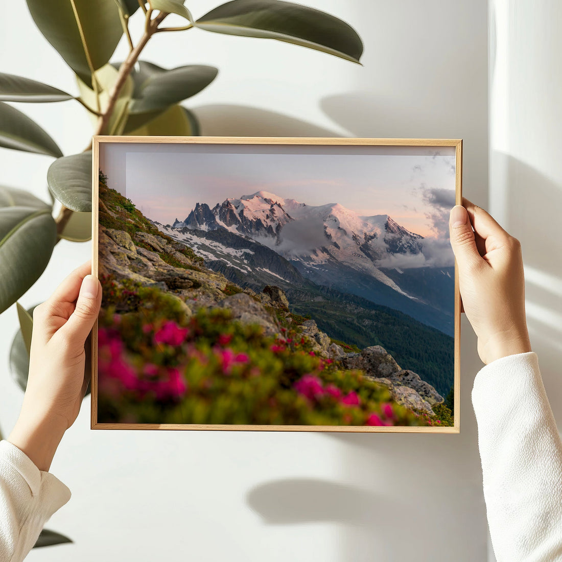 Sunset photography print of the French Alps featuring Mont Blanc with moody clouds and vivid wildflowers.