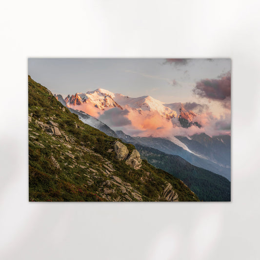 Fine art landscape print of the Mont Blanc Massif during a fiery pink and orange alpine sunset.