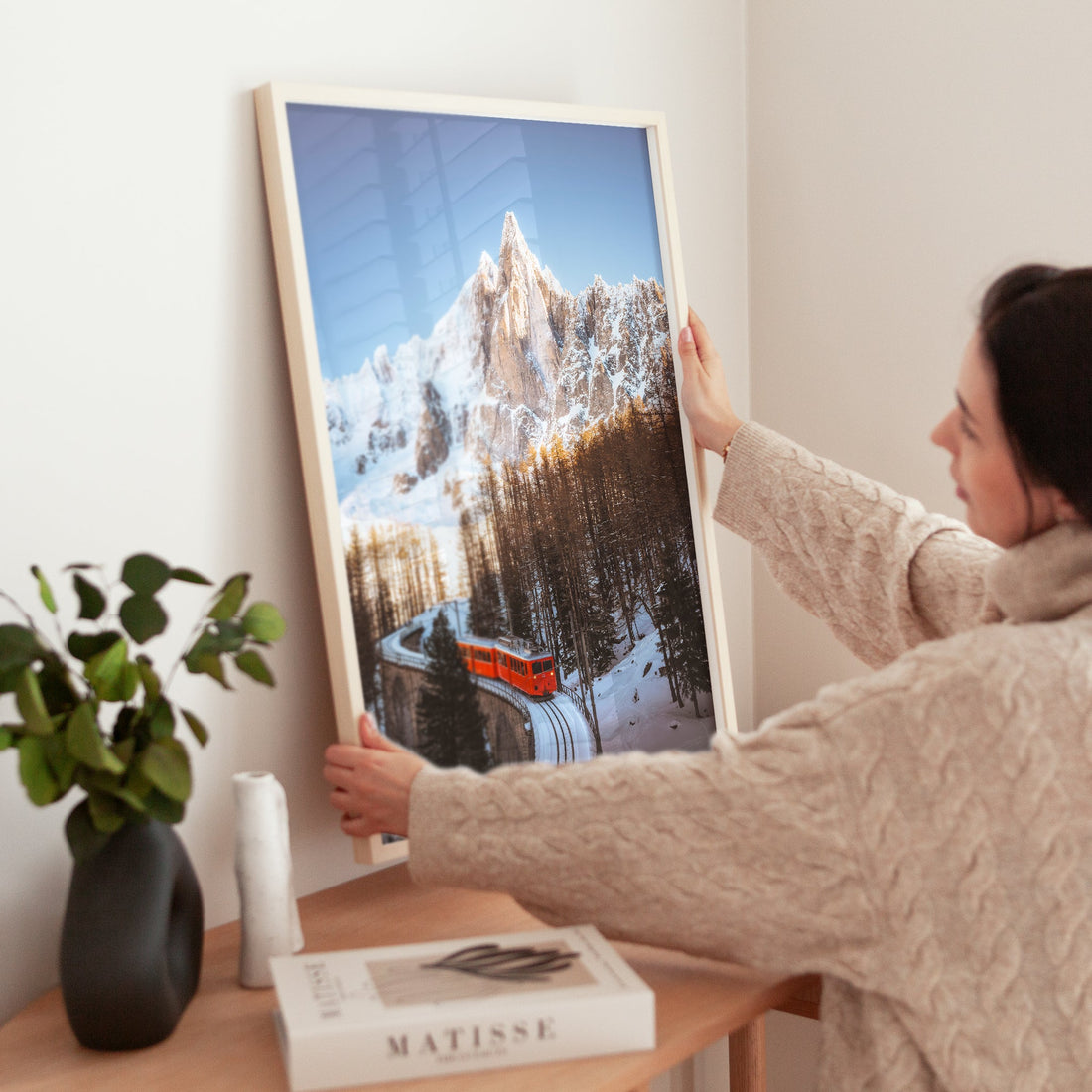 Scenic French Alps photography print of the Montenvers Train weaving through a breathtaking winter mountain landscape.