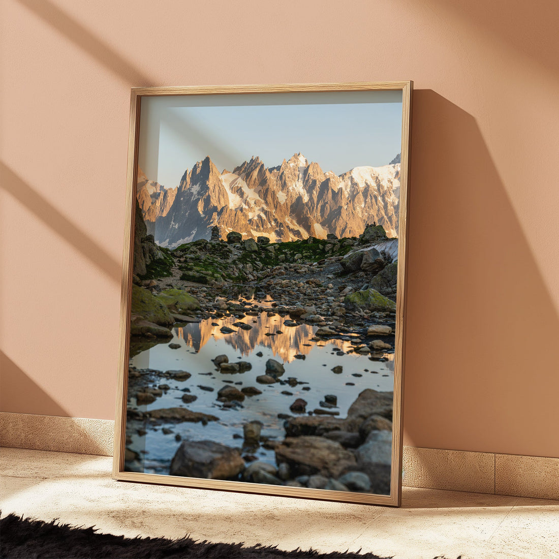 Tranquil French Alps wall art featuring a scenic mountain lake with a perfect reflection of the Mont Blanc peaks.