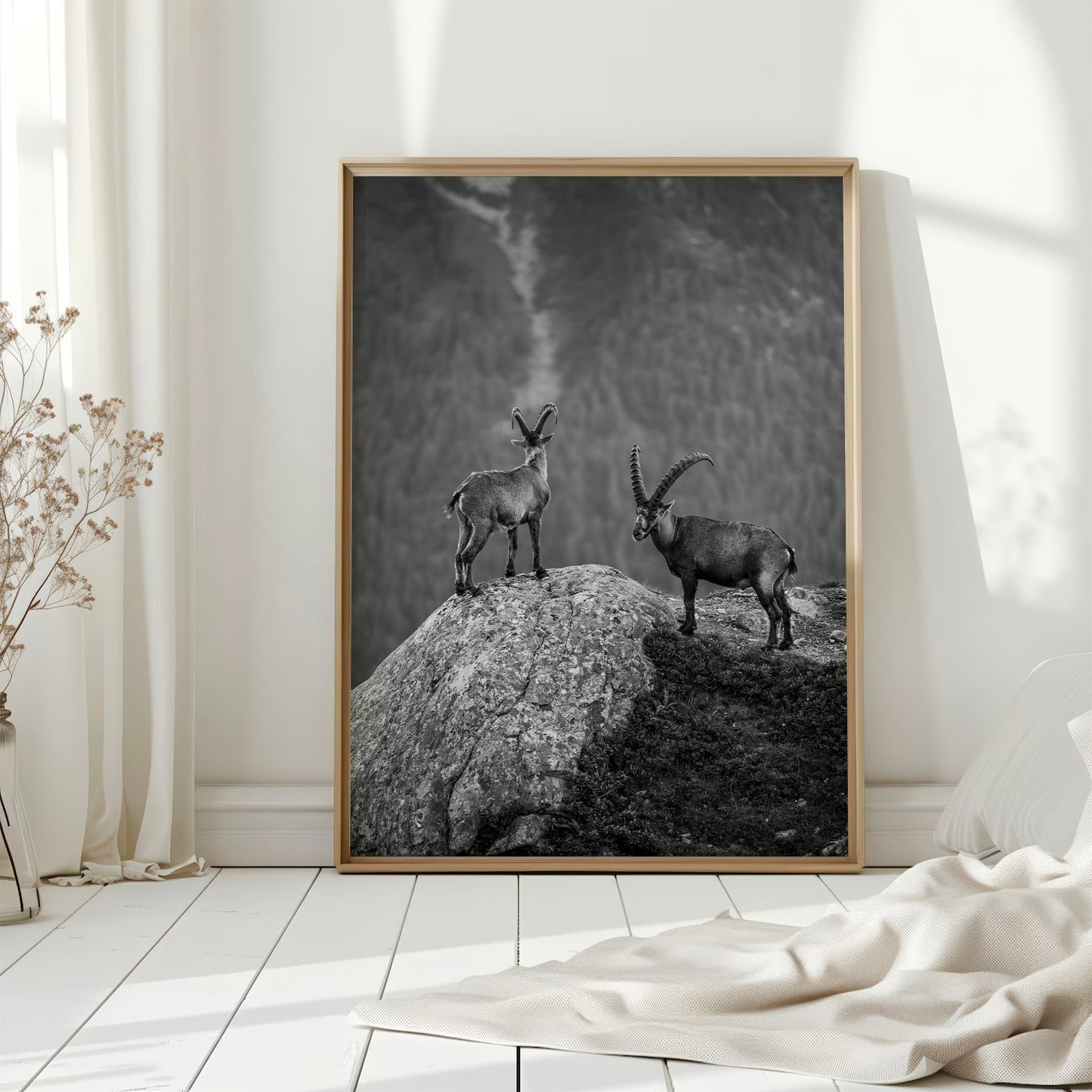 French Alps wildlife art print featuring stunning ibex on rocky terrain with scenic valley views.