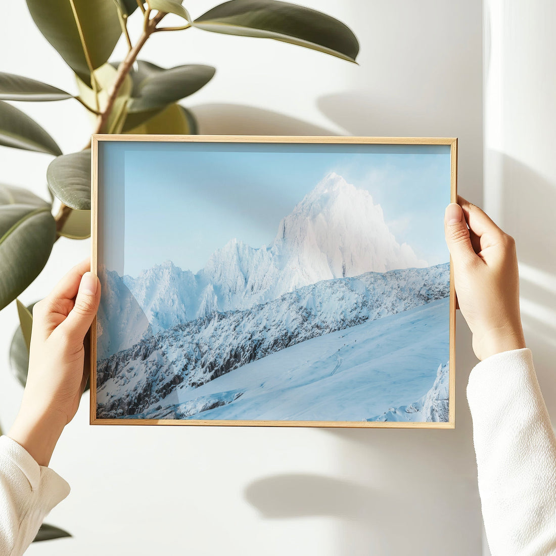 French Alps winter wall art showing pristine powder slopes and jagged peaks near the Chamonix valley.