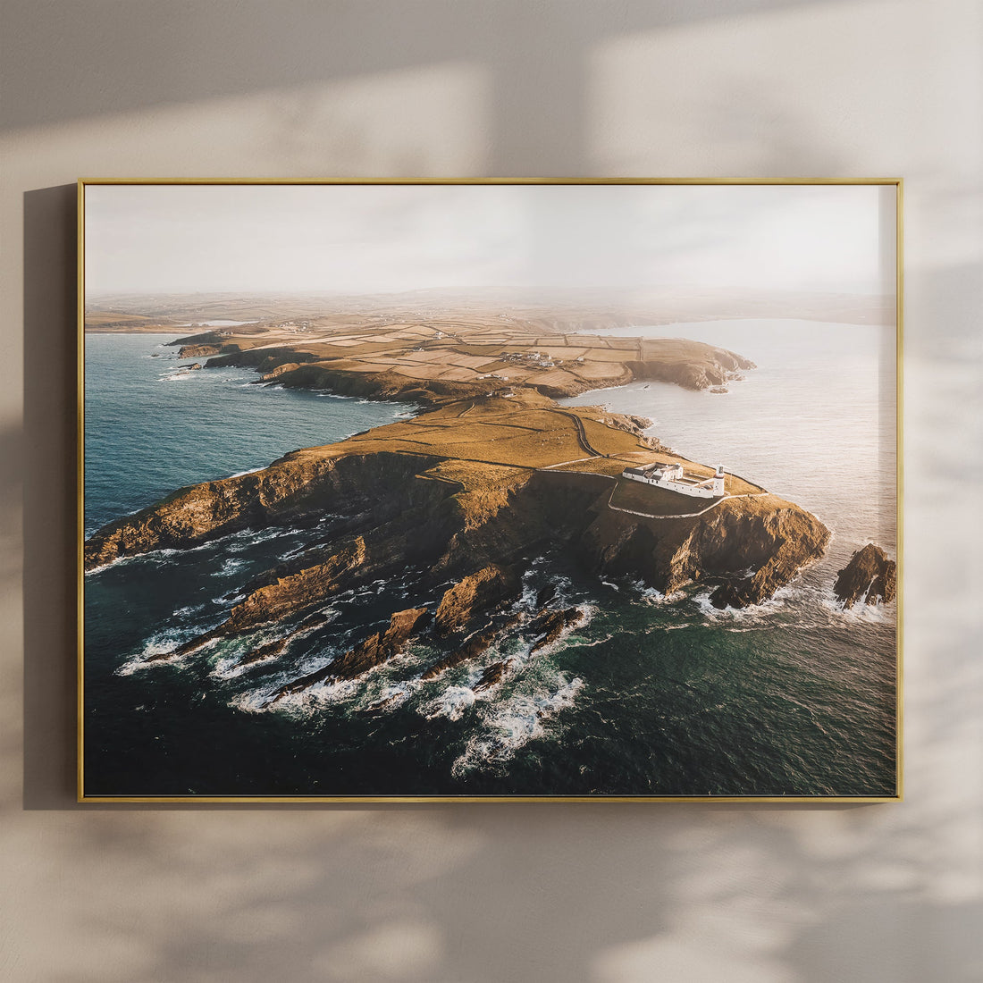 Aerial print of Galley Head lighthouse on Ireland’s rugged Atlantic coastline
