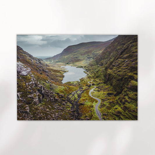 Unframed Gap of Dunloe print showing a dramatic Irish valley and lake on a white background.