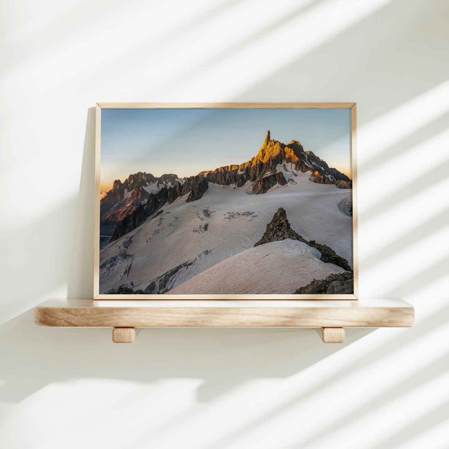 Alpine glacier print showcasing a mountaineering route near Dent du Géant at golden hour in the Alps.