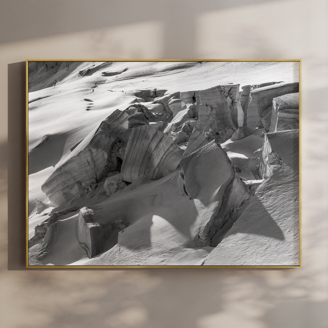 Fine art print of Glacier de Taconnaz in black and white, showcasing dramatic crevasses and alpine textures.