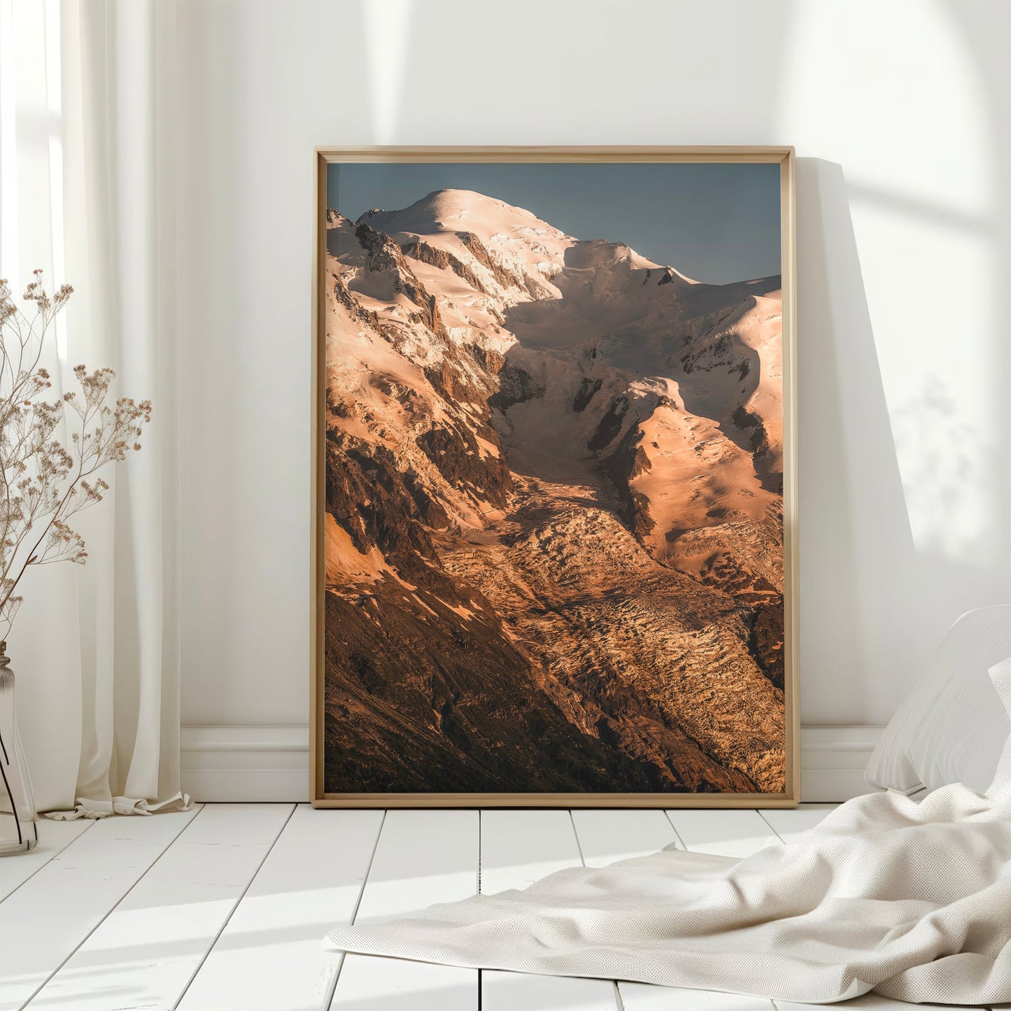 Dramatic view of the Glacier des Bossons with golden-hour light, perfect for adventure lovers.