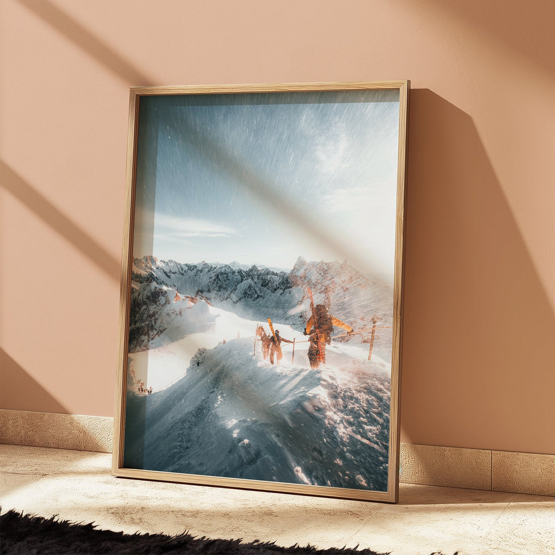 Glacier descent artwork featuring mountaineers trekking through fresh powder in the Alps.