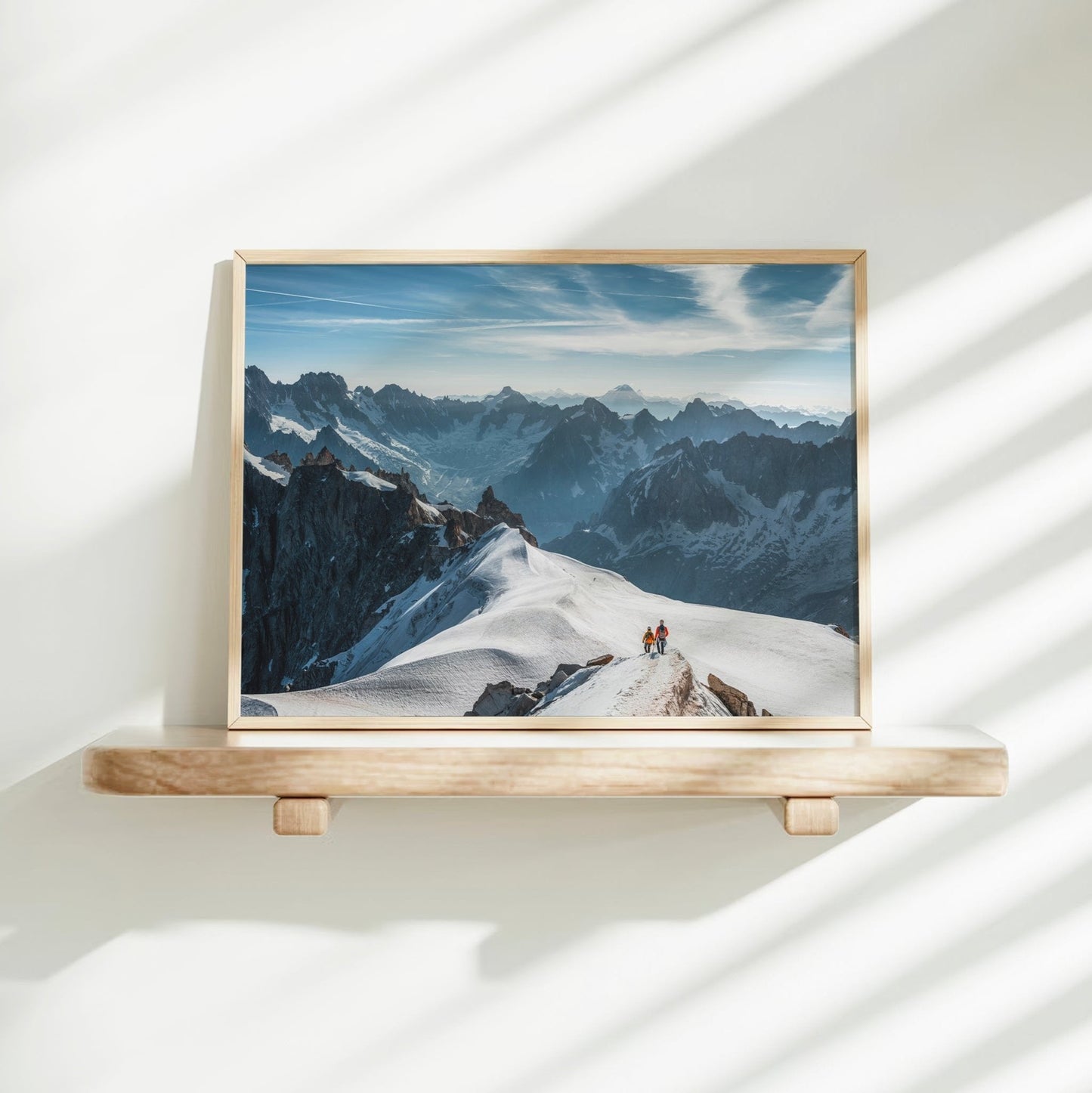 Glacier hike photo print from Chamonix showing a mountaineering team ascending the iconic Midi Arête in bright conditions.