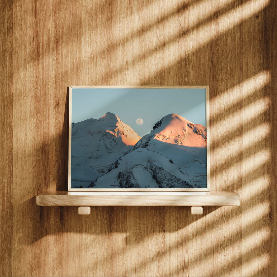 Glacier-covered Castor and Pollux peaks captured in glowing pink light in this serene fine art landscape photo.