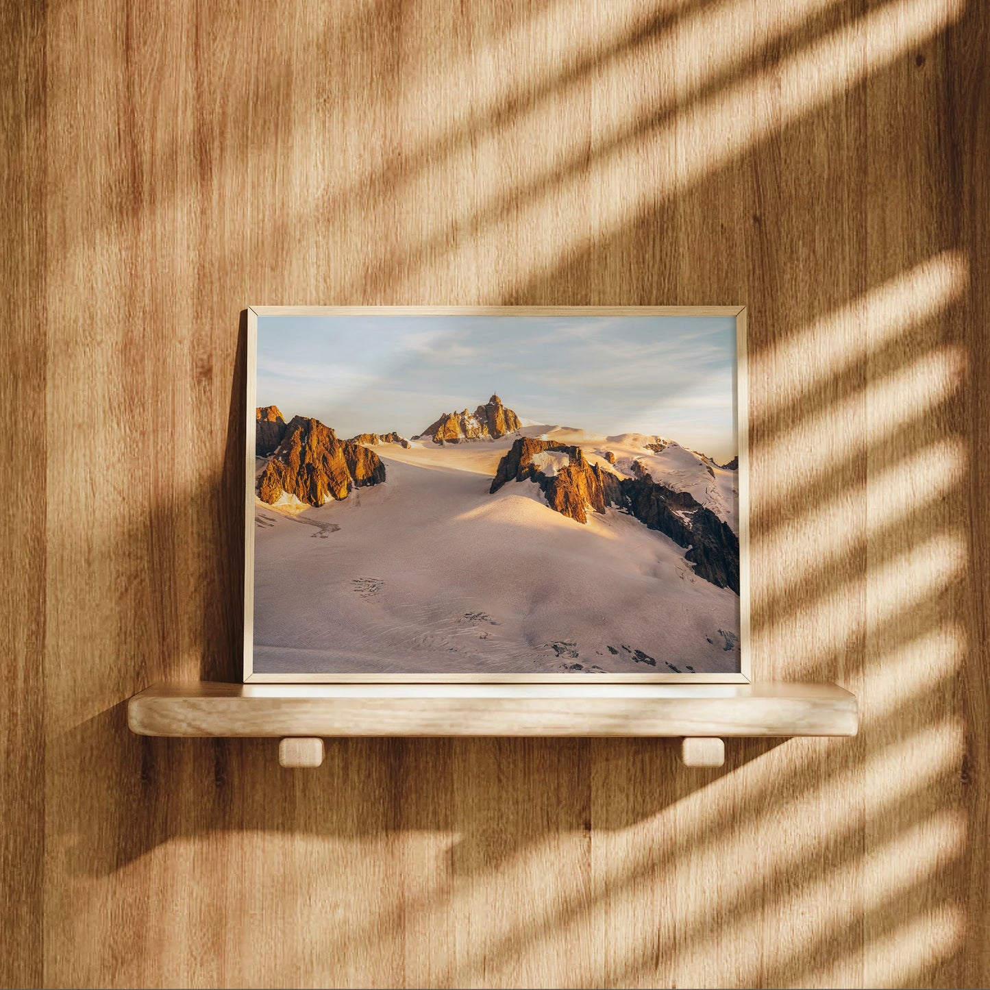 Chamonix glacier mountain print with warm evening tones and rugged cliffs at Aiguille du Midi.