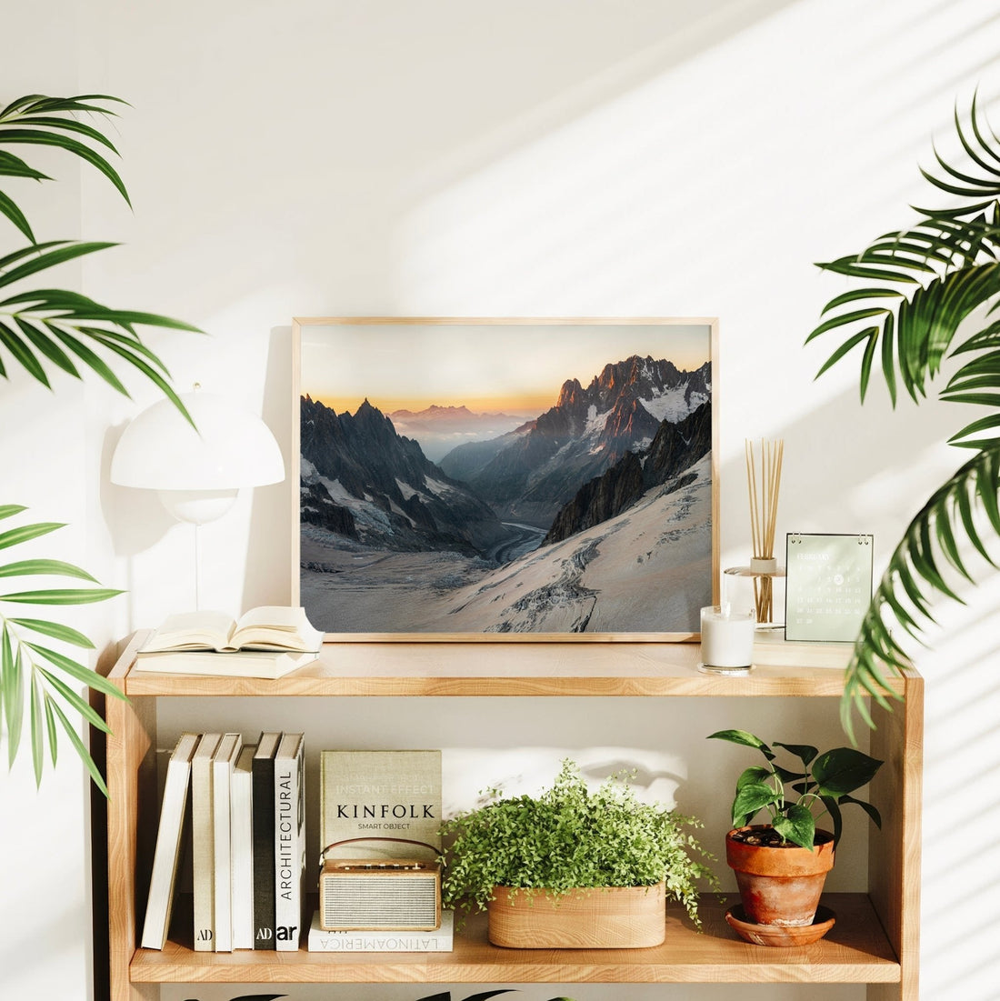 Glacier and mountain photography print of the Mer de Glace winding through deep alpine valleys near Mont Blanc.