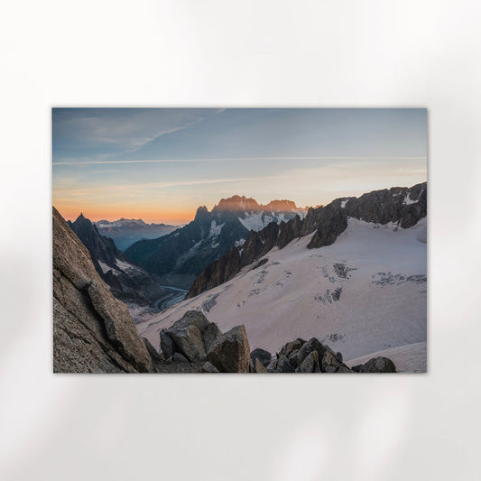 Fine art glacier sunset print showing Mer de Glace and the Mont Blanc Massif bathed in evening light.