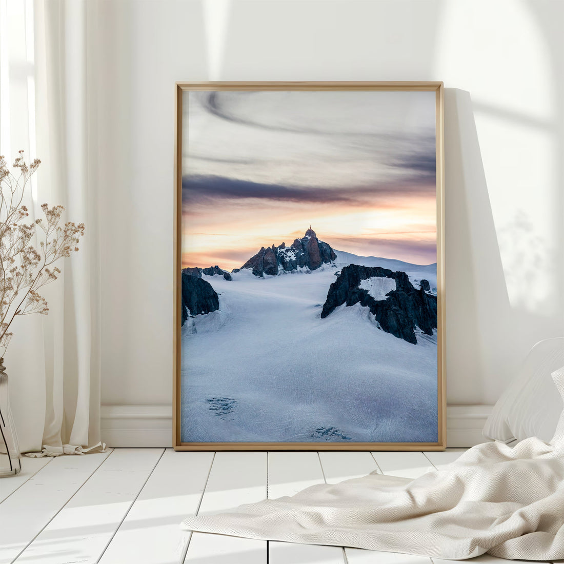 Expansive glacier view of Mont Blanc with jagged peaks in a dramatic sunset scene, perfect for wall art.