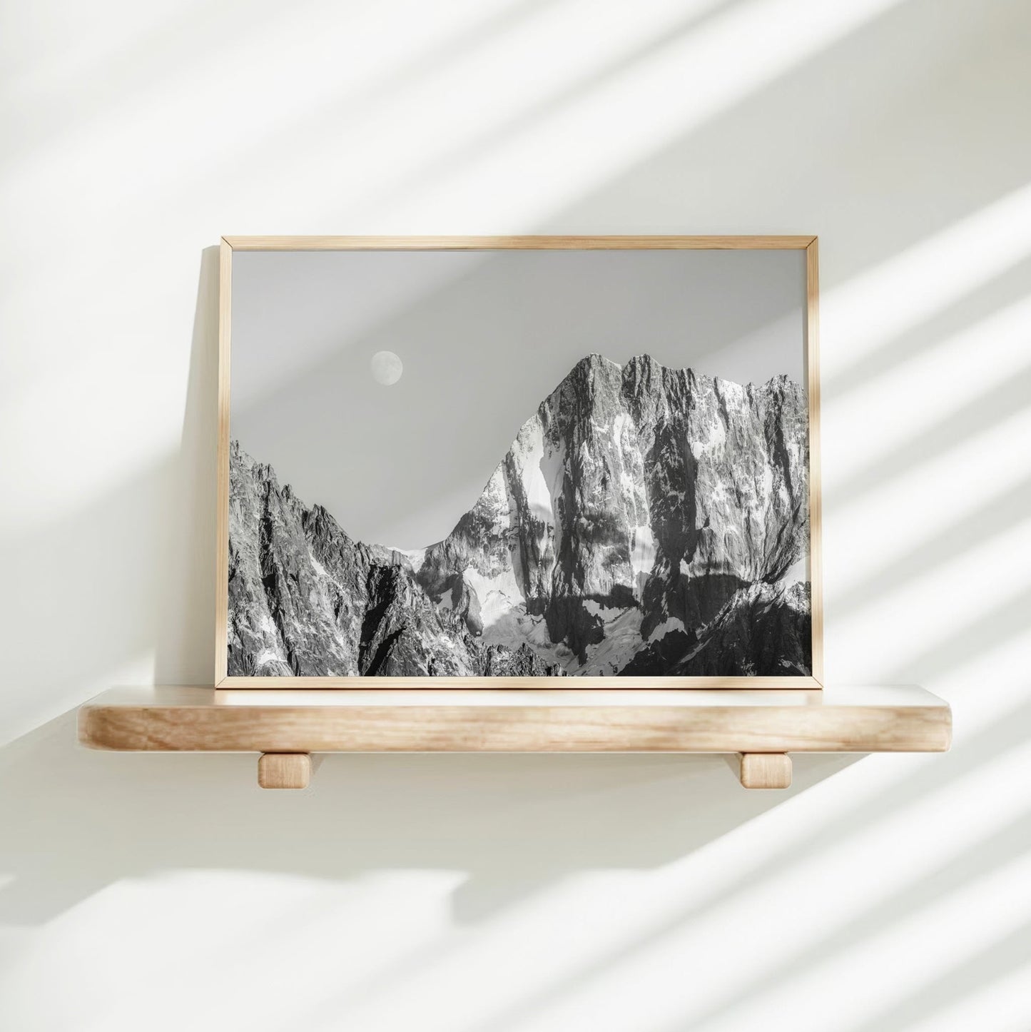 Black and white glacier photography print highlighting the iconic Grandes Jorasses, shot from the Chamonix valley.