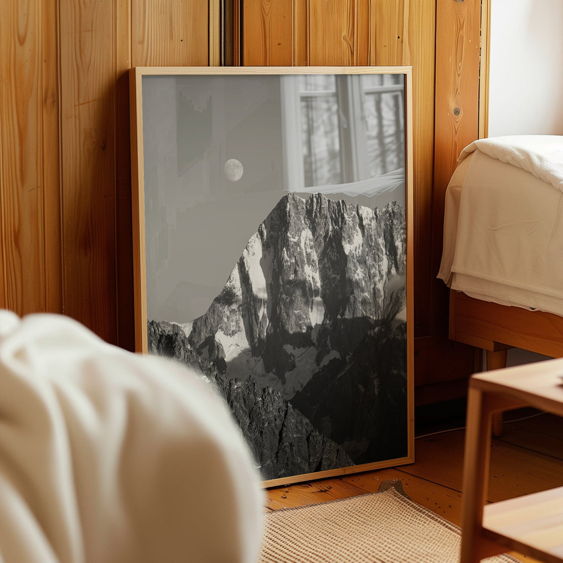 Striking glacier wall art print featuring the icy slopes of Grandes Jorasses under the evening moon.