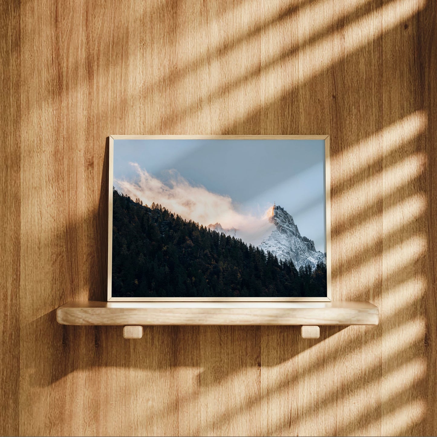Stunning golden hour print of Aiguille du Midi with dramatic sky and snowy alpine landscape in Chamonix.