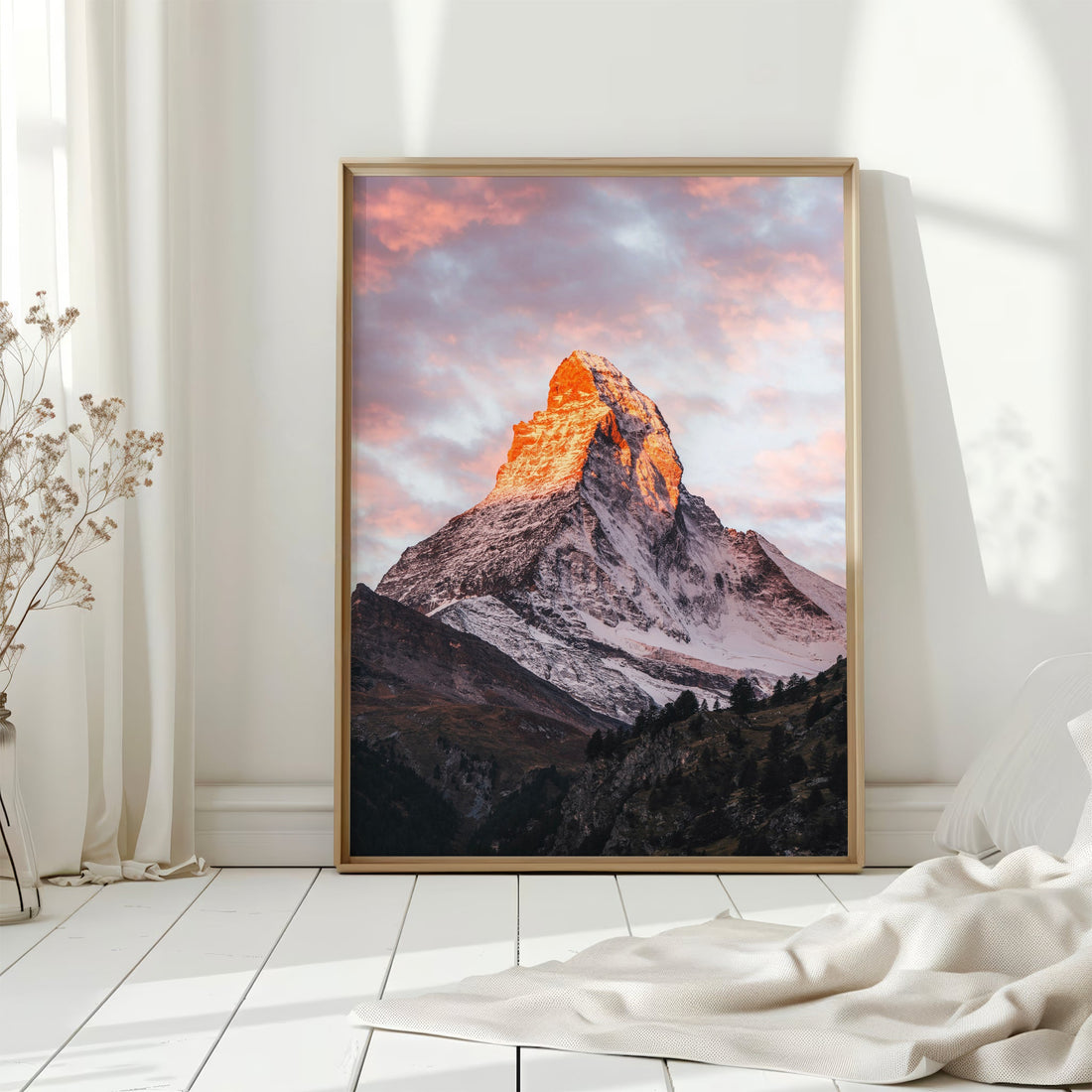 Golden hour Matterhorn landscape print highlighting the majestic beauty of this Swiss Alpine peak.