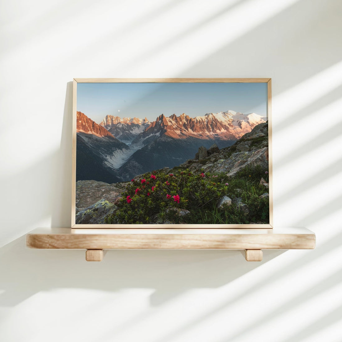 Golden hour mountain print of Mont Blanc Massif and the Aiguilles bathed in soft alpine light.
