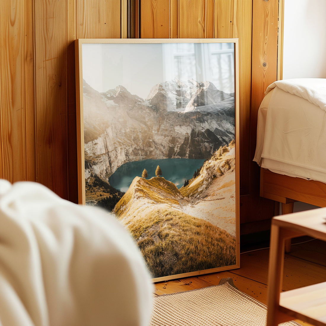 Oeschinensee at golden hour—captivating Swiss alpine scenery with glowing mountains and tranquil waters.