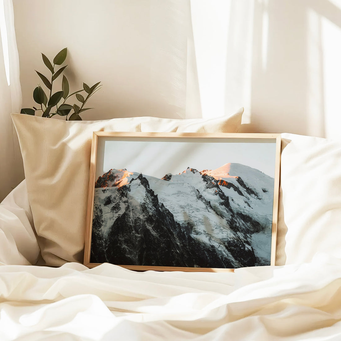 Art print of Mont Blanc’s glaciated flanks catching golden morning rays over a deep alpine valley.