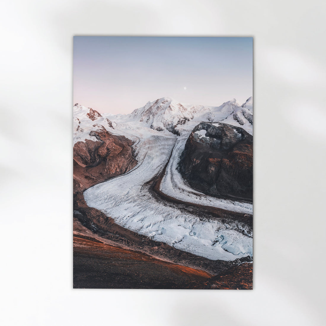 Aerial photography print of the Gorner Glacier’s winding ice formations below Monte Rosa at sunset.