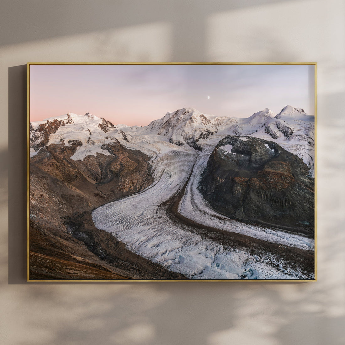 Gorner Glacier and Monte Rosa wall art print featuring an epic glacial curve at dusk in the Swiss Alps.