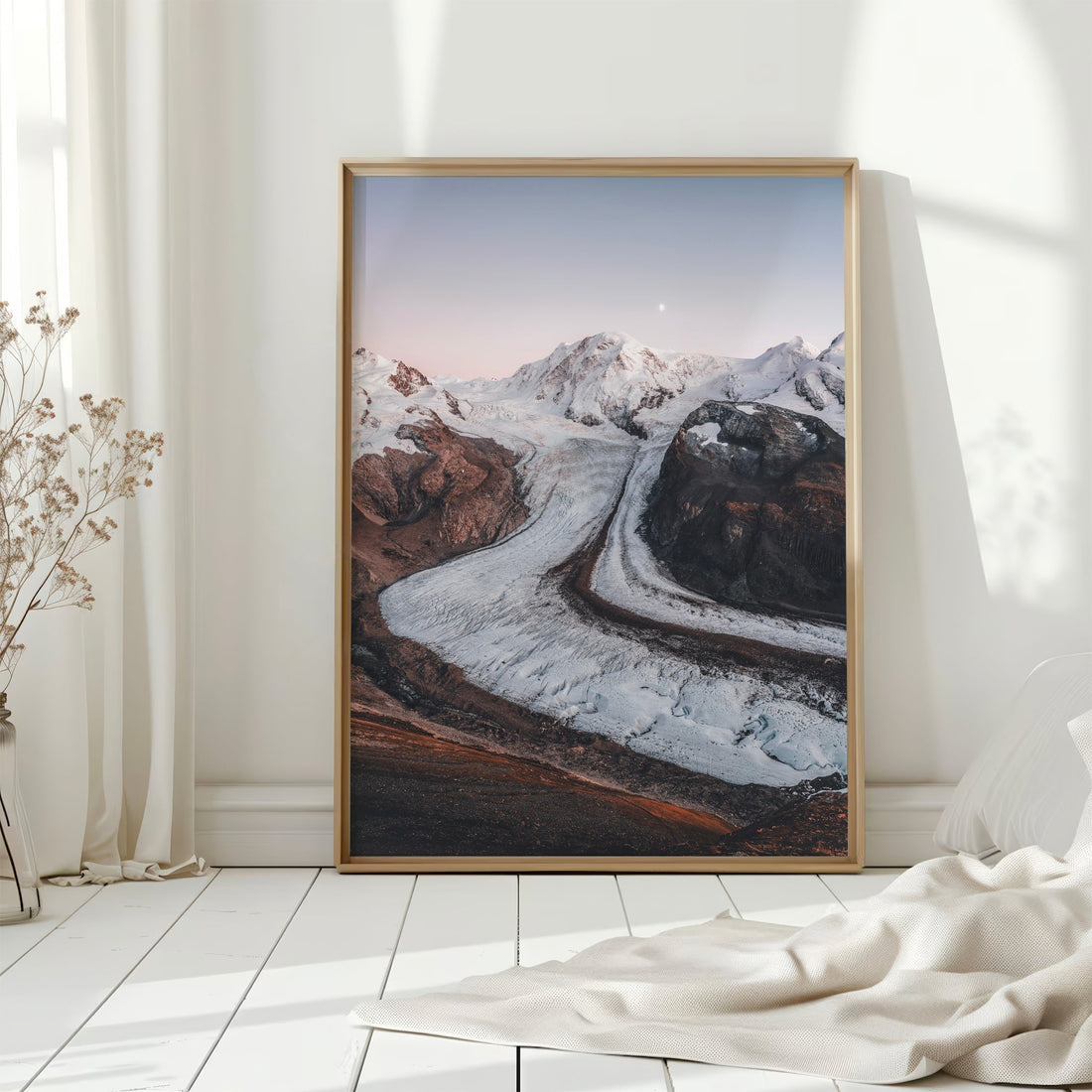 Striking view of Gorner Glacier’s icy path winding through the alpine valley beneath Monte Rosa.