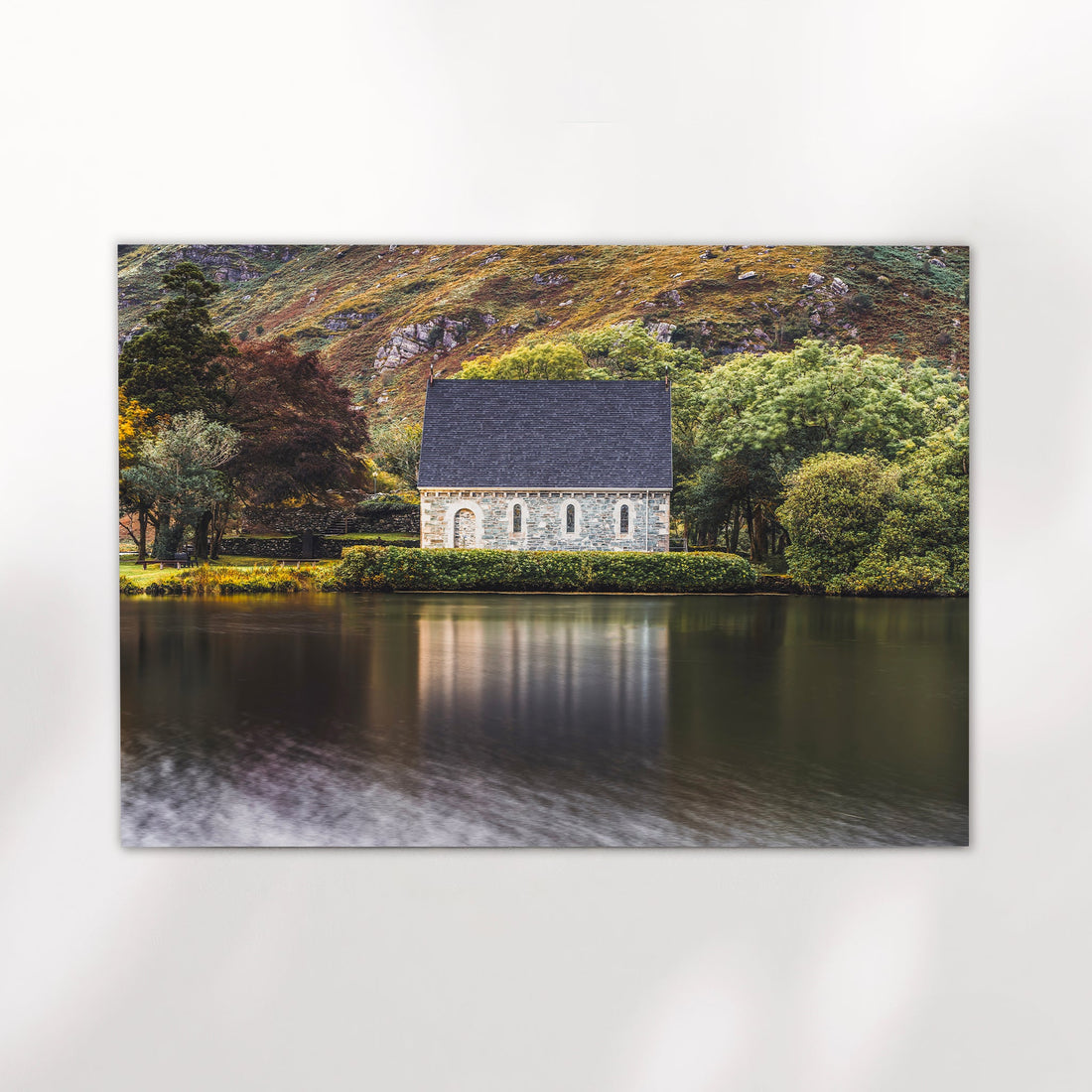 Irish landscape wall art print of Gougane Barra church and lake reflection