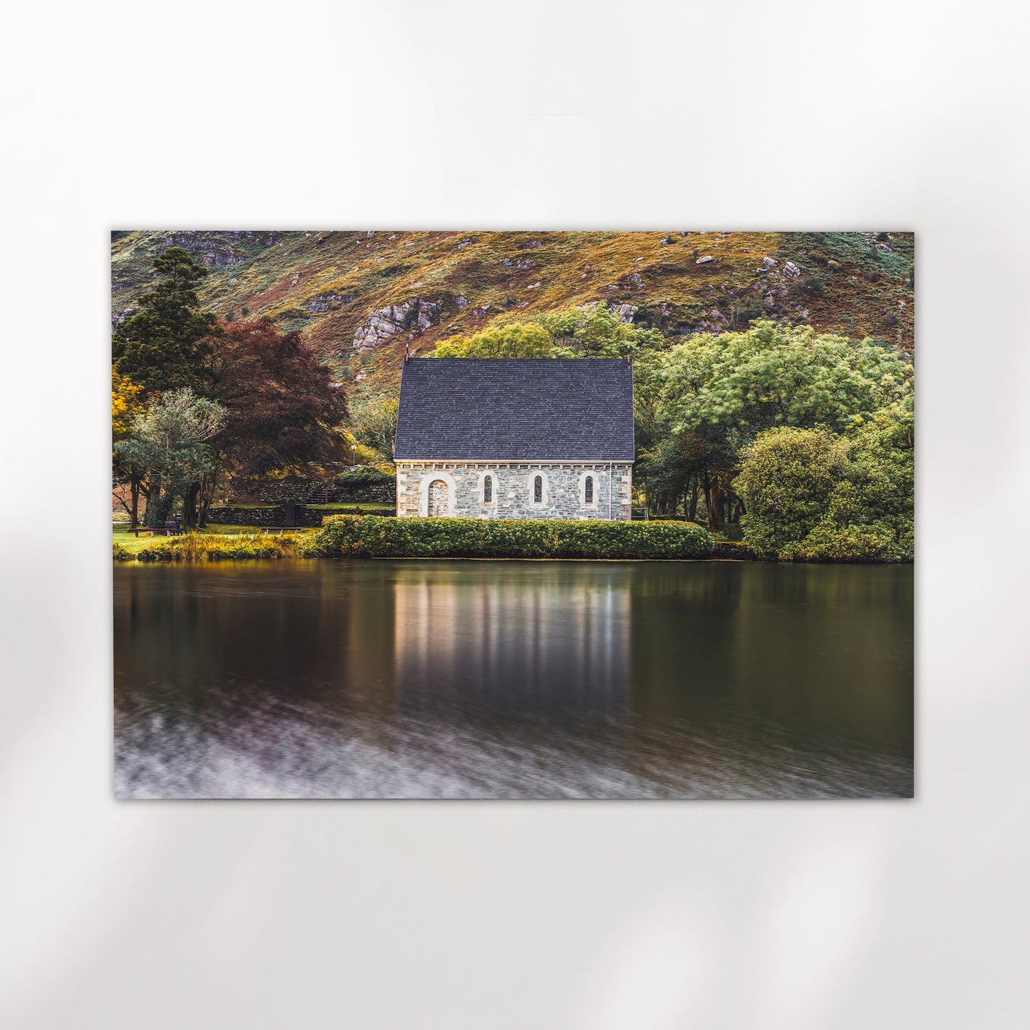 Irish landscape wall art print of Gougane Barra church and lake reflection