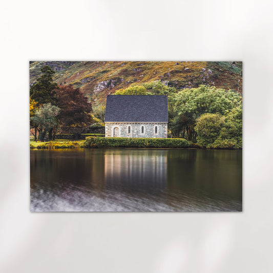 Irish landscape wall art print of Gougane Barra church and lake reflection