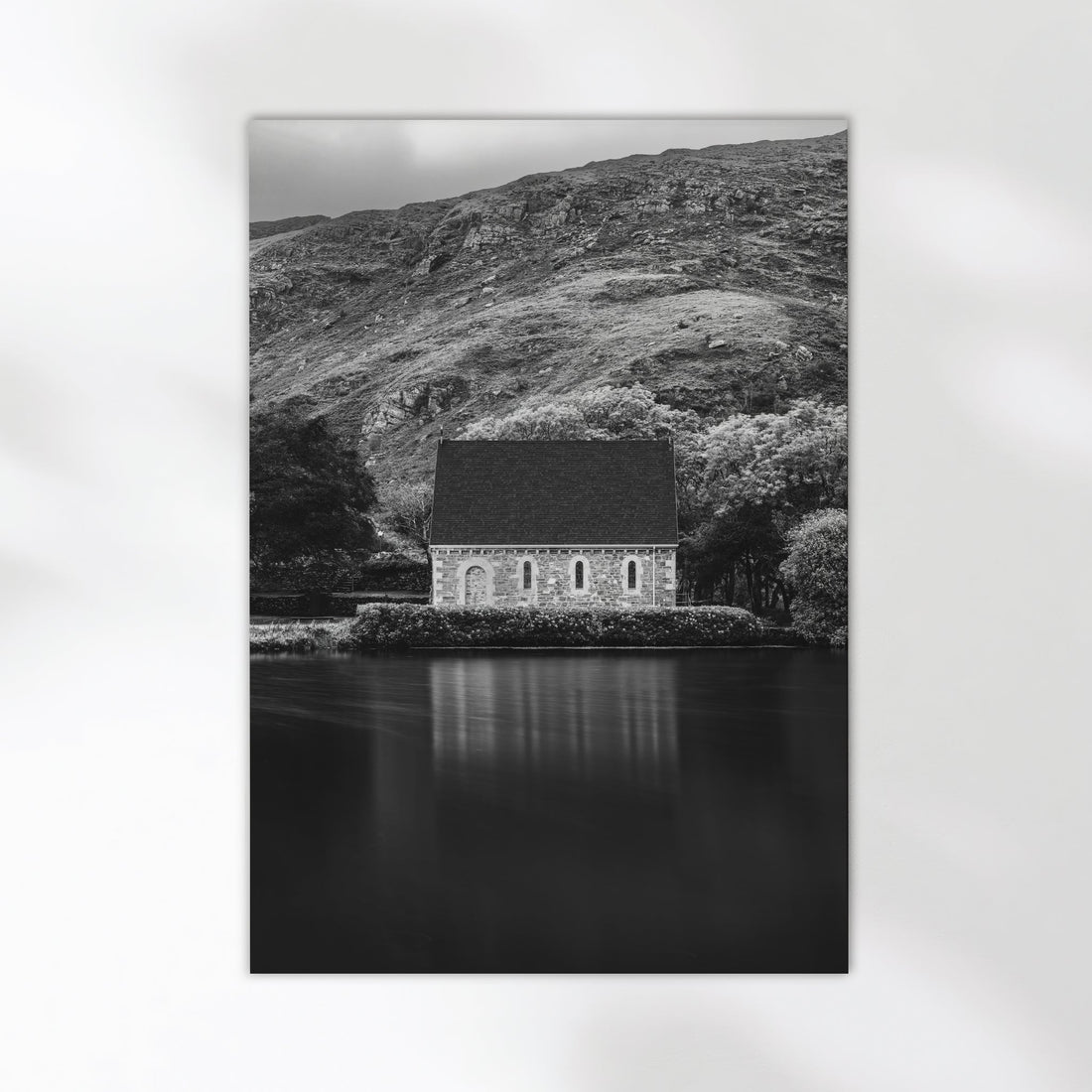 Irish chapel by the water in Gougane Barra, minimalist photo print