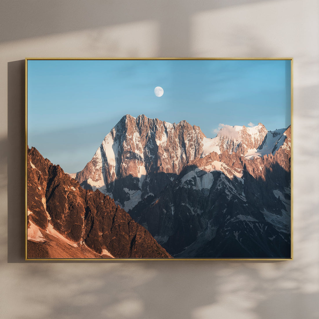 Grandes Jorasses wall art print showing the moon rising above the snow-covered peaks of the Mont Blanc massif.