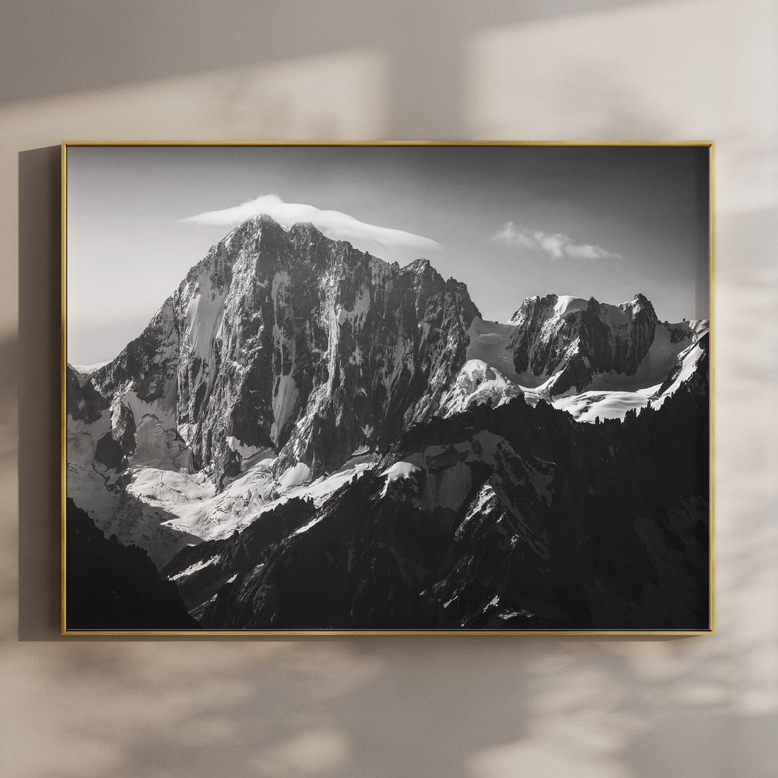 Striking black and white wall art of Grandes Jorasses in Chamonix, featuring rugged alpine peaks and glaciers.