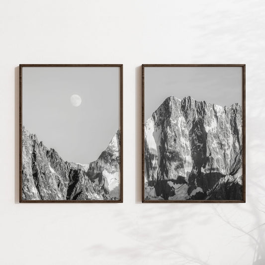 Grandes Jorasses photo print with soft sunlight on a light-colored wall.