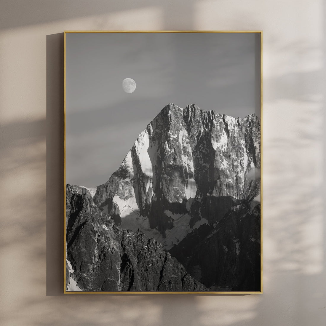 Majestic Grandes Jorasses wall art print featuring a moonrise over the rugged alpine peaks.