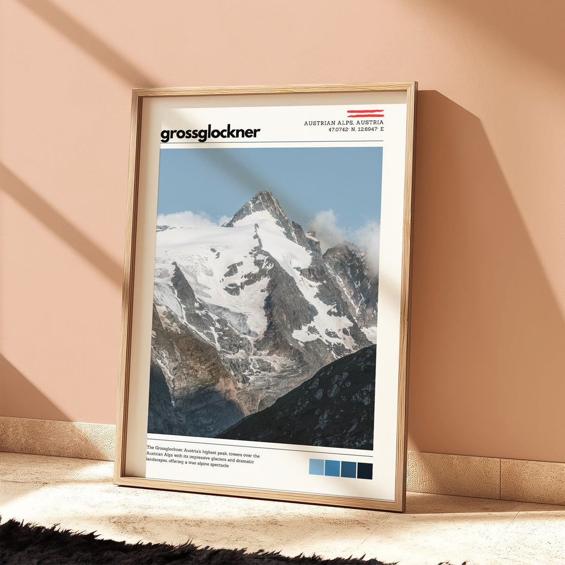 Grossglockner mountain poster shown at scale on a wall