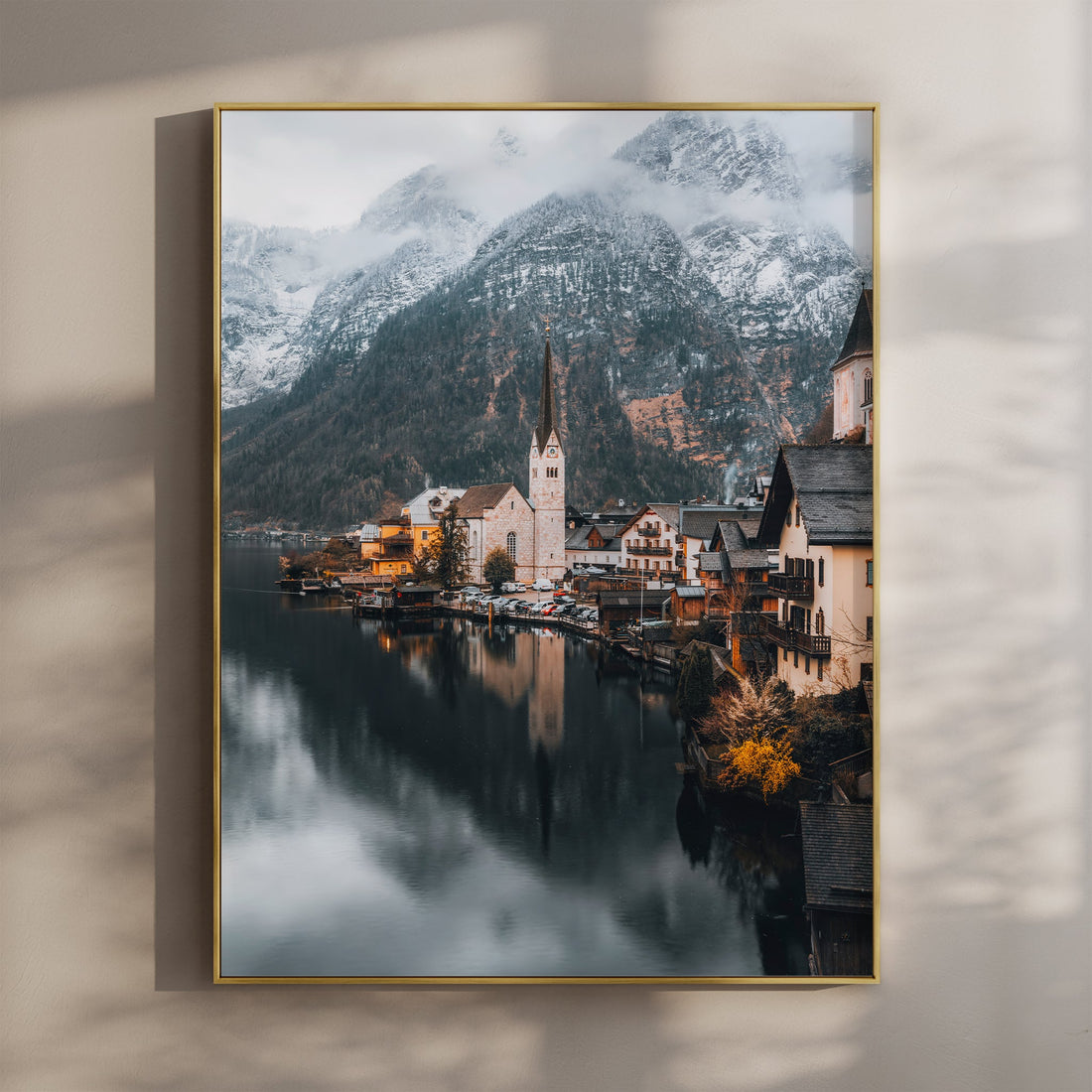 Fine art print of Hallstatt Austria with lake and snowy mountains