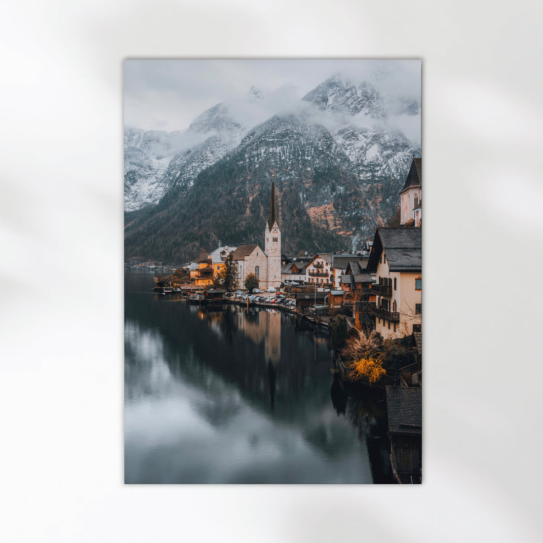 Scenic Hallstatt wall art print featuring alpine lake and mountain