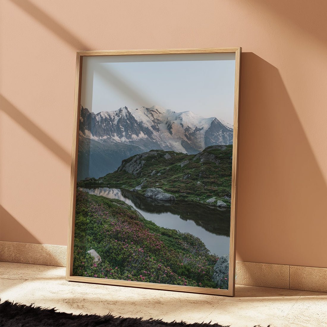 Nature-inspired Haute-Savoie photography print featuring Mont Blanc and a calm alpine lake.