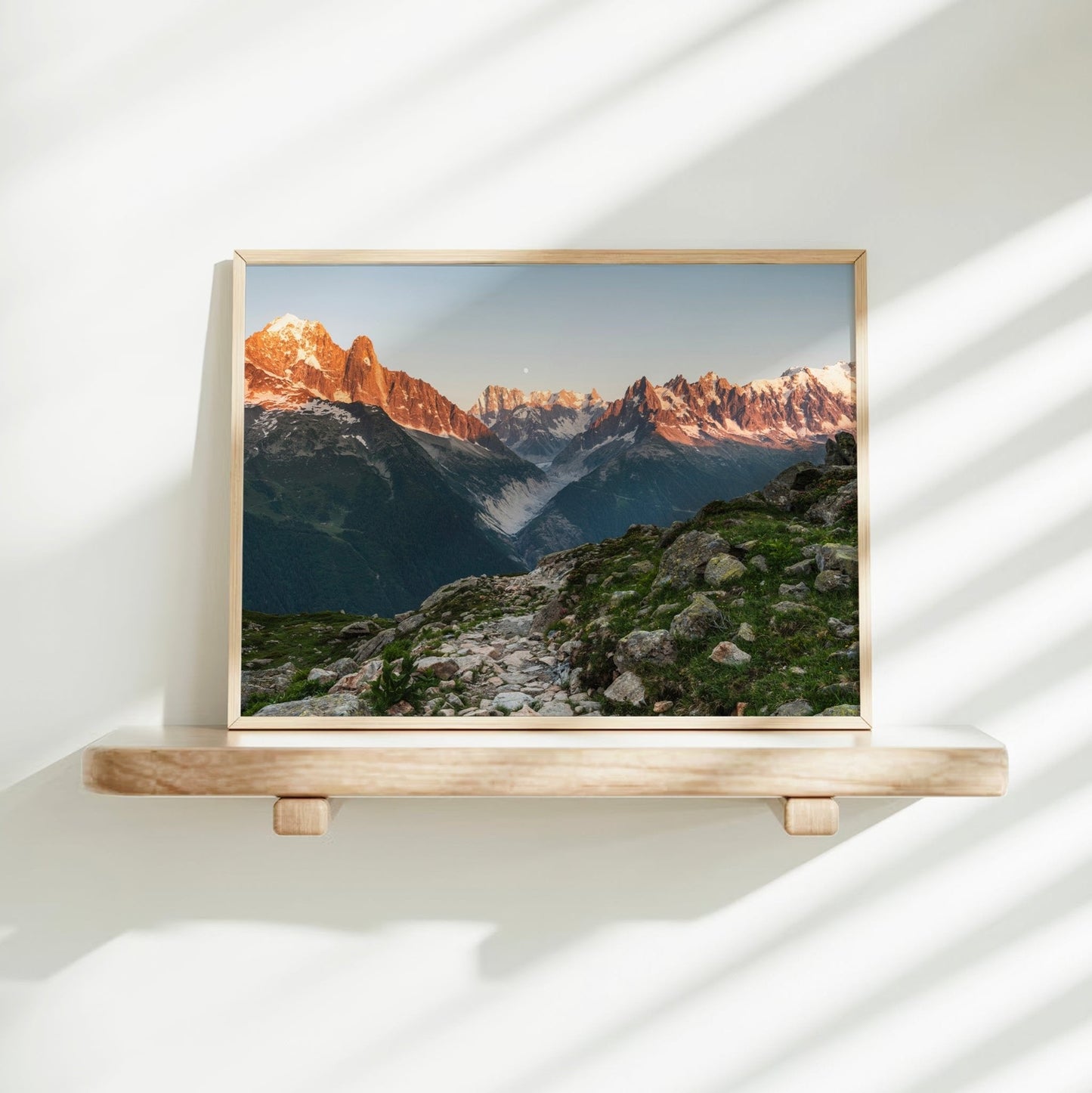 Haute-Savoie trail wall art featuring rocky alpine path leading toward the Mont Blanc range.