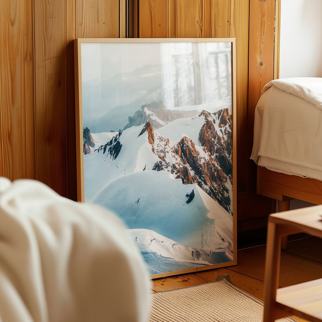 A serene French Alps landscape print highlighting the dramatic ridges of the Trois Monts climbing route.