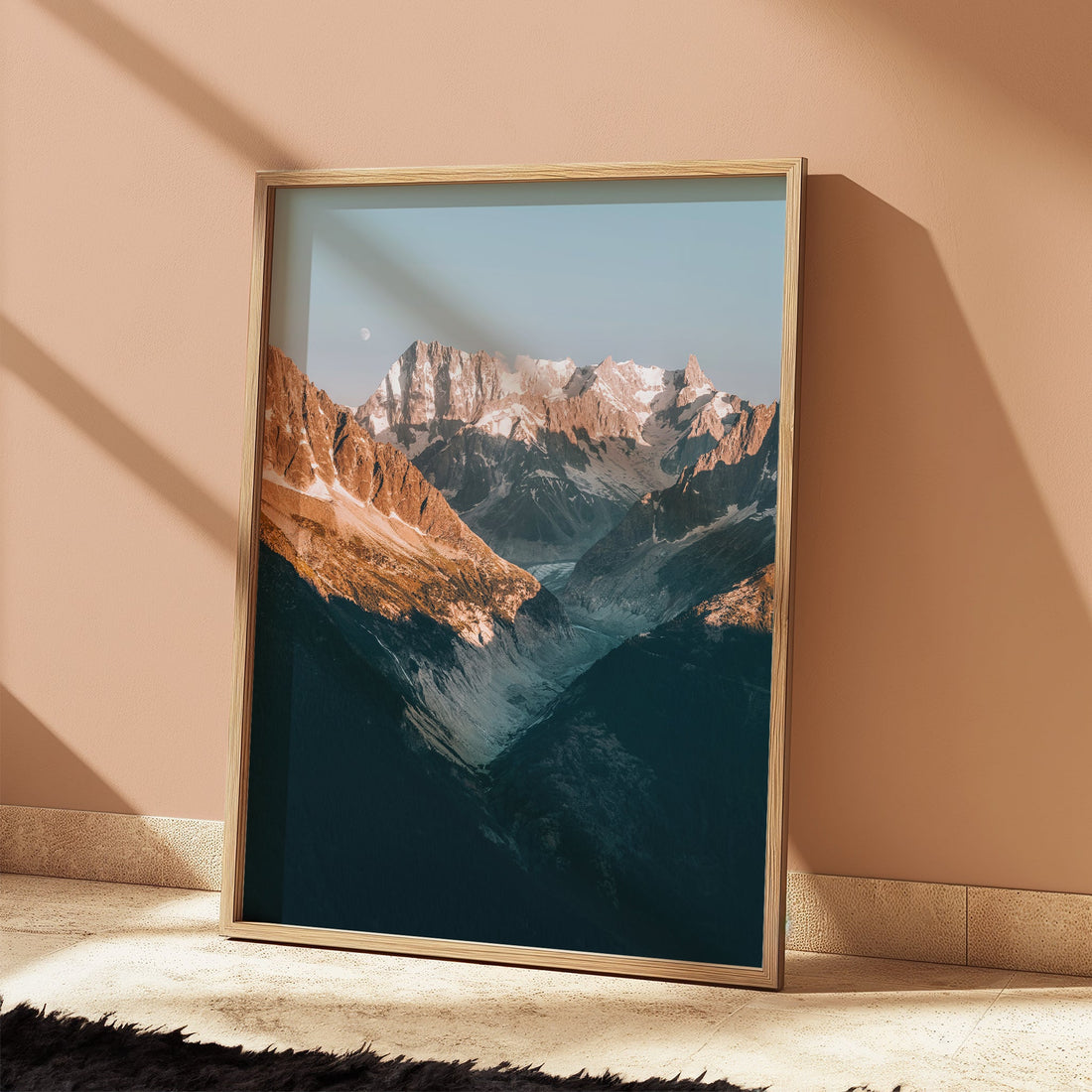 Fine art Haute-Savoie mountain photography print featuring the breathtaking contrast of sunlit peaks and shadowed ice fields.