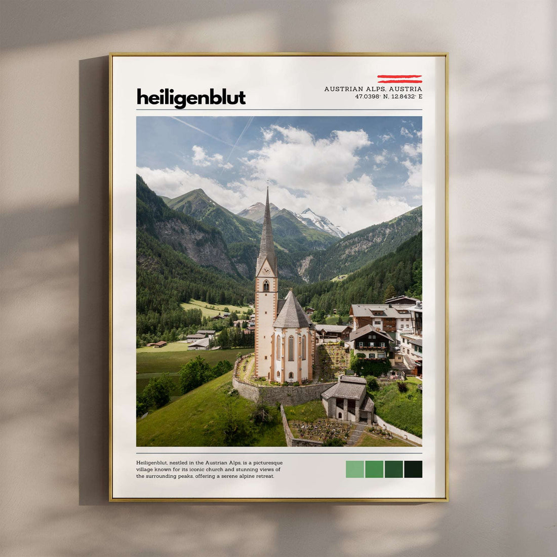 Heiligenblut location poster framed on a wall, featuring the village church and surrounding Austrian Alps