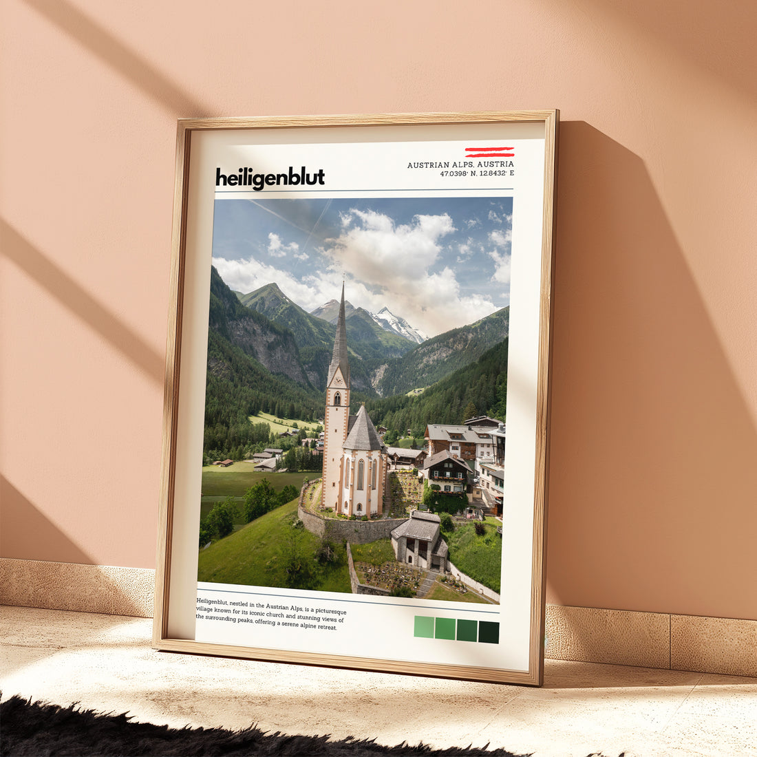 Heiligenblut location poster styled in a warm-toned home decor setting