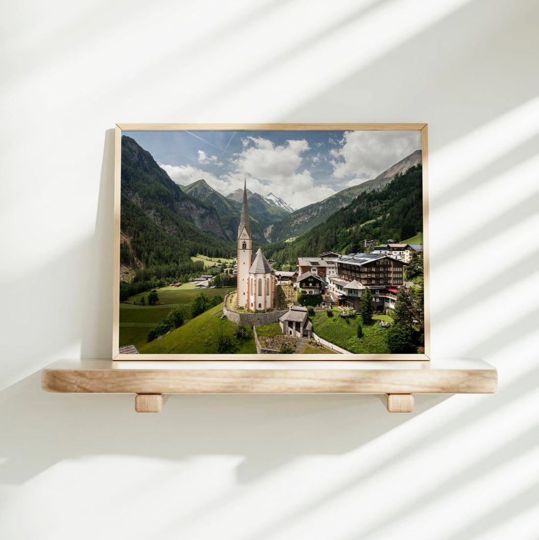 Bright room shelf with Heiligenblut Austria church landscape photo print