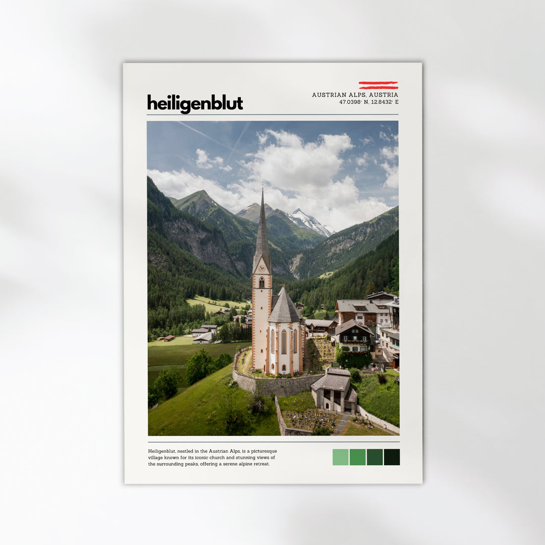 Heiligenblut Austrian Alps location print shown in a clean studio-style poster mockup