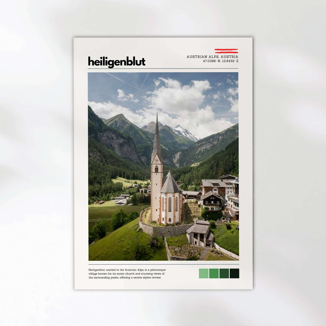 Heiligenblut Austrian Alps location print shown in a clean studio-style poster mockup